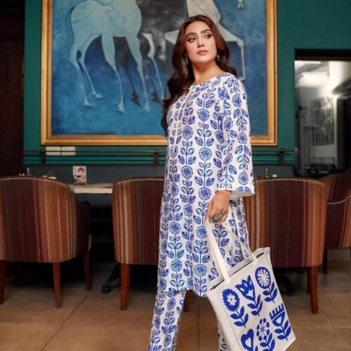 2 Pcs Women Stitched Linen Block Printed Suit With Hand Bag
